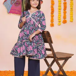 Bitiya by Bhama Girls Floral Printed Empire Gotta Patti Pure Cotton Kurta with Palazzos-image-19