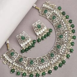 OOMPH Green Engraved Jaipur Stones & Kundan Ethnic Choker Necklace Set for Women-image-55