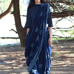 Chidiyaa Blue Dragonfly Block Printed Cotton Mul Saree-8