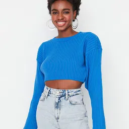 Trendyol Ribbed Round Neck Crop Acrylic Pullover Sweater-97