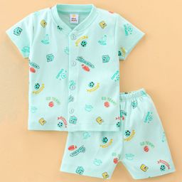Mini Donuts 100% Cotton Knit Half Sleeves Night Suit Ball Print - Green-image-28