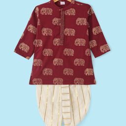Babyhug 100% Cotton Woven Kurta With Solid Dhoti Set With Foil Printed - Off White & Maroon-image-1