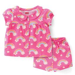 Babyhug Cotton Knit Half Sleeves Rainbow Printed Night Suit - Pink-image-16