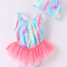 Kookie Kids Sleeveless Frock Swimsuit with Cap Fish Scale Print -Multicolor-22