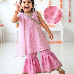 Babyhug Woven Sleeveless Floral Printed Kurta Gharara & Dupatta with Lace Detailing - Pink-image-2