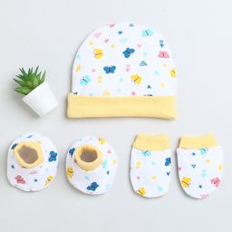 BUMZEE Cotton Butterfly Printed Cap Mittens & Booties Set - White & Yellow-image-36