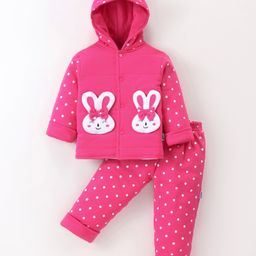 Child World Cotton Knit Full Sleeves Hooded Winter Wear Suit With Bunny Applique & Polka Dots - Dark Pink-image-57
