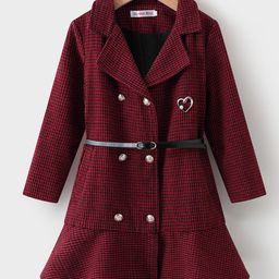 Kookie Kids Full Sleeves Checkered Trench Coat with Belt & Heart Applique - Maroon-image-81