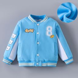 Kookie Kids Full Sleeves Bomber Jacket With Sport Embroidery & Animal Print - Light Blue-image-65