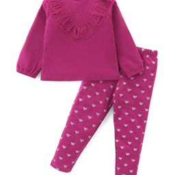 Babyhug Cotton Knit Full Sleeves Mesh Detailed Top With Hearts Printed Lounge Pant - Dark Pink-image-81