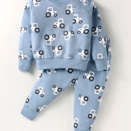 Evimo Looper Knit Full Sleeves T-Shirt & Lounge Pant Set With Vehicle Print - Blue-image-98