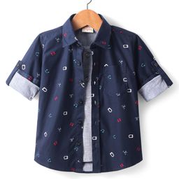Rikidoos Full Sleeves Headphones Printed Shirt With Attached Tee - Navy Blue & Melange Grey-image-25