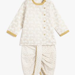 Campana 100% Cotton Full Sleeves Leaves Printed Kurta With Dhoti Set - Off White & Gold-image-57