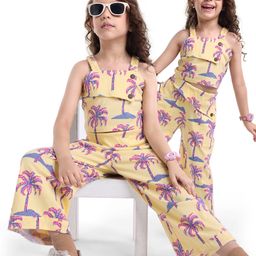 Ollington St. 100% Cotton Knit Tree Printed Co-ord Set of Sleeveless Top with Culottes - Lemon Yellow-image-61