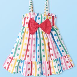 Babyhug Cotton Woven Singlet Sleeves Frock With Polka Dot Print & Bow Applique - White-image-47