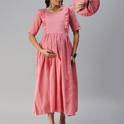 Swishchick Cotton Half Sleeves Striped Maternity Dress With Nursing Access - Pink-image-22
