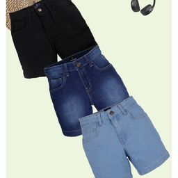 Kiddopanti Pack Of 3 Solid & Mild Washed Shorts - Black & Blue-image-33