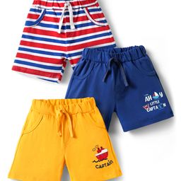Doodle Poodle 100% Cotton Knee Length Shorts With Stripes & Nautical Theme Print Pack Of 3 - Yellow Blue & Red-image-28