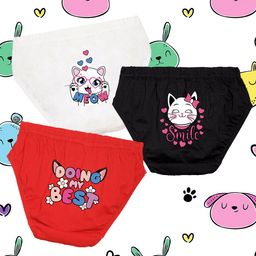 NUSYL Cotton Pack Of 3 Cat & Smile Text Printed Panties - White Red & Black-image-94