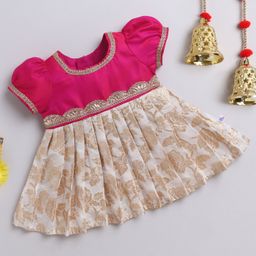 Many frocks & Blended Woven Half Puffed Sleeves Gota Lace Embellished & Floral Foil Printed Pleated Ethnic Dress - Pink & Cream-image-66