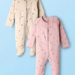 I Bears Interlock Knit Full Sleeves Footed Sleep Suits with Bunny Print Pack Of 2 - Pink & Tan-picture-9