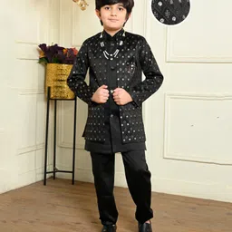 BT DEZINES Satin Woven Full Sleeves Geometric Embroidered Sequins Embellished Sherwani Set With Mala - Black-picture-32