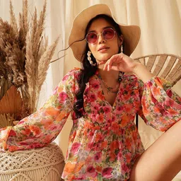 QUIERO Floral Print Ruffles Chiffon Peplum Crop Top-picture-16
