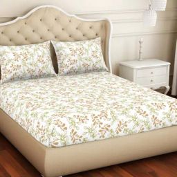 Welspun Floral Beige 150 TC Cotton Blend King Bedsheet with 2 Pillow Covers-picture-27