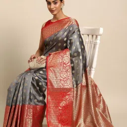 Silk Land Grey & Red Woven Saree With Unstitched Blouse image 3