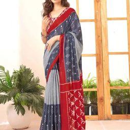 Satrani Dusty Blue & Red Pure Cotton Printed Saree With Unstitched Blouse-image-21