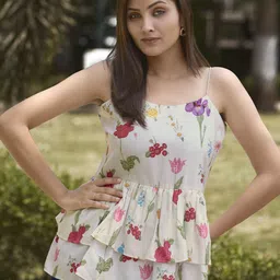 MOJILAA Women Floral Printed Layered Shoulder Straps Peplum Top-picture-44