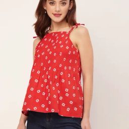Moomaya Red & White Cotton Floral Print Top-image-58