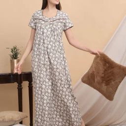 Sweet Dreams Brown & White Cotton Floral Print Nighty-image-38
