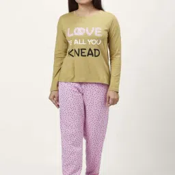Dreamz by Pantaloons Khaki Pink Cotton Printed T-Shirt Pyjama Set-image-63