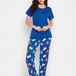 Clovia Blue Printed Top With Pyjamas-image-54