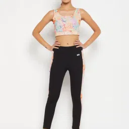 Clovia Black & Peach Printed Sports Bra With Tights-image-42