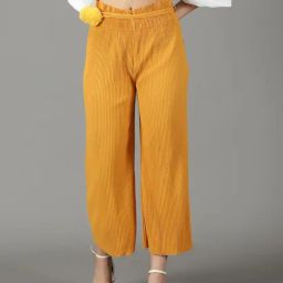 SHOWOFF Mustard Striped Straight Fit Mid Rise Parallel Trousers-image-11