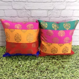Pink Parrot Yellow & Green 2 Pieces Ethnic Motifs Jacquard Silk Square Cushion Covers-image-57