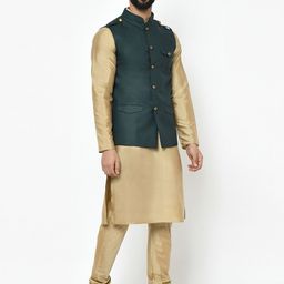 KISAH Men Beige & Green Solid Kurta with Churidar & Nehru Jacket image 4