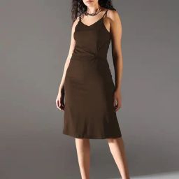 SHOWOFF Brown Cotton Solid Midi Dress-image-95