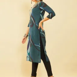 Soch Teal Poly Muslin Abstract Printed Kurta With Sequins Work image 3