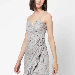 VASTRADO Grey Floral Print A-Line Wrap Dress-picture-5