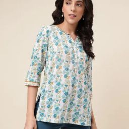 Fabindia White & Turquoise Cotton Floral Print Straight Short Kurti-image-75