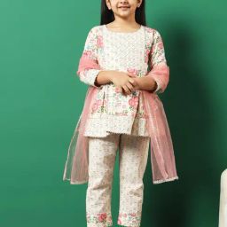 READIPRINT FASHIONS Kids Pink & White Floral Print Kurti, Plazzos with Dupatta-image-42