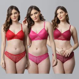AROUSY Red & Pink Cotton Self Pattern Bra Panty Set - Pack Of 3-image-64
