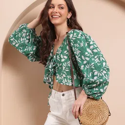 Mast & Harbour Leaves Print Puff Sleeves Front-Open Empire Top-image-33