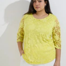 Gia by Westside Yellow Floral Lace Design Top-image-25
