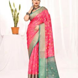 Elora Pink & Green Silk Woven Saree With Unstitched Blouse-picture-14