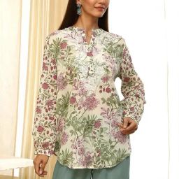 Biba Off White Cotton Floral Printed Kurti-39