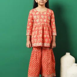 READIPRINT FASHIONS Kids Peach Printed Kurti with Gharara-image-3